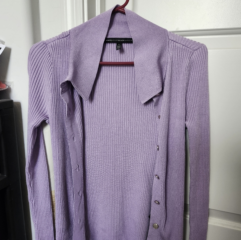 White House Black Market Purple Ribbed Button-Up Cardigan